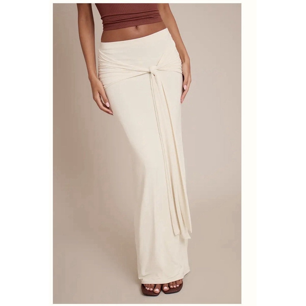 Ivory Solid Jersey Polyester Maxi Skirt High Rise Pull On Stretch Tie